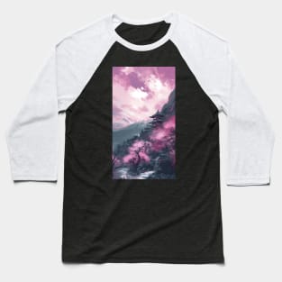 Serene Japanese Temple in Cherry Pink Mountains - Watercolor Painting Baseball T-Shirt